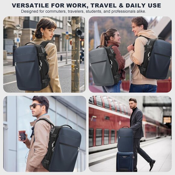 Ergonomic Compression Backpack for Travel - Navy Blue with TSA Security Lock - Picture 2 of 9